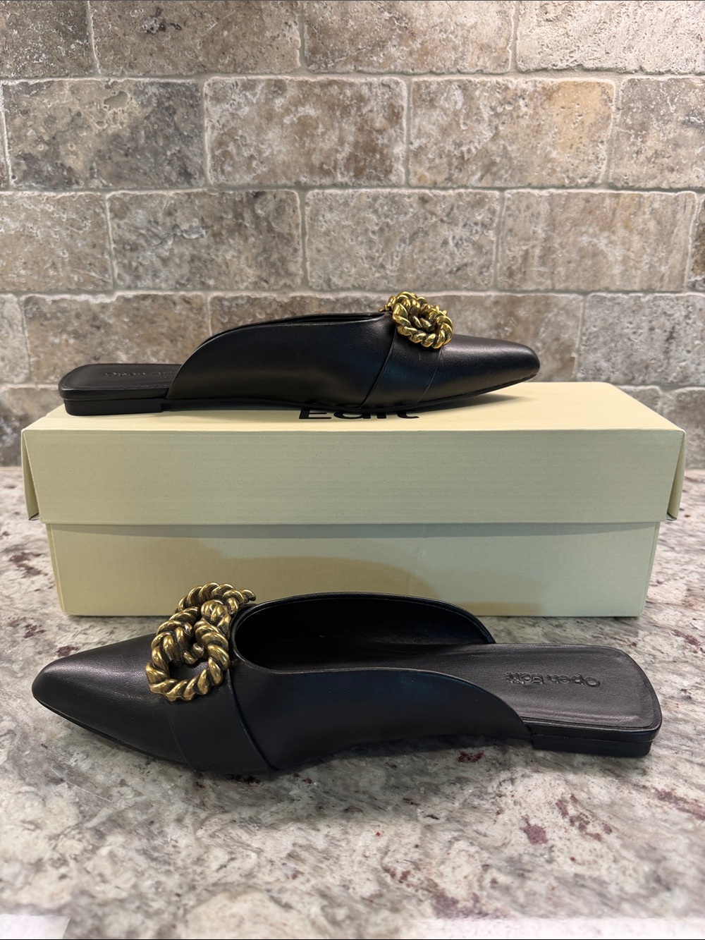 Black Open Edit Pointed Mule with Gold Rope Chain Accent